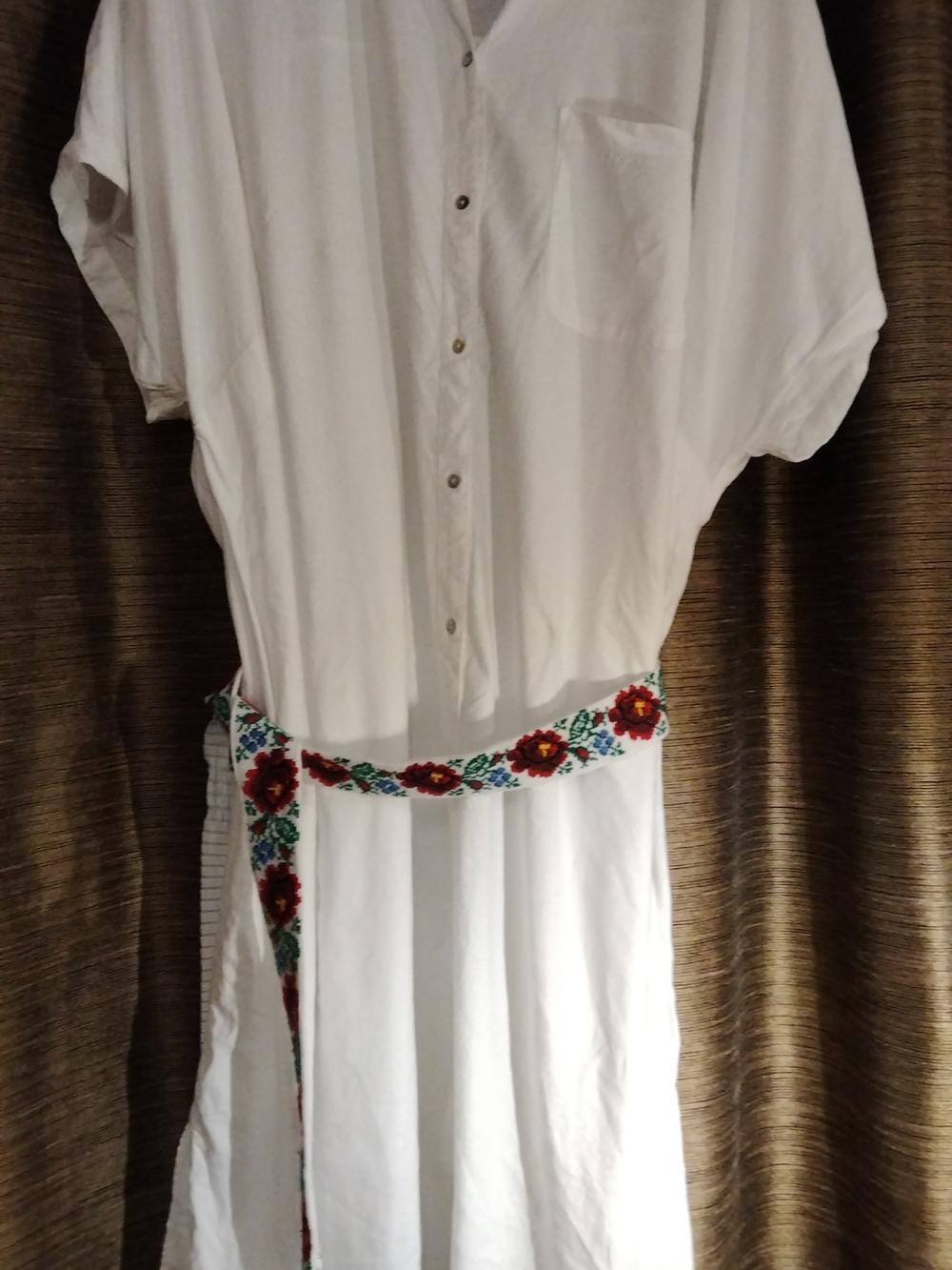 55% Linen White Button-Front Maxi  Dress with Handmade Embroidered Floral Belt
